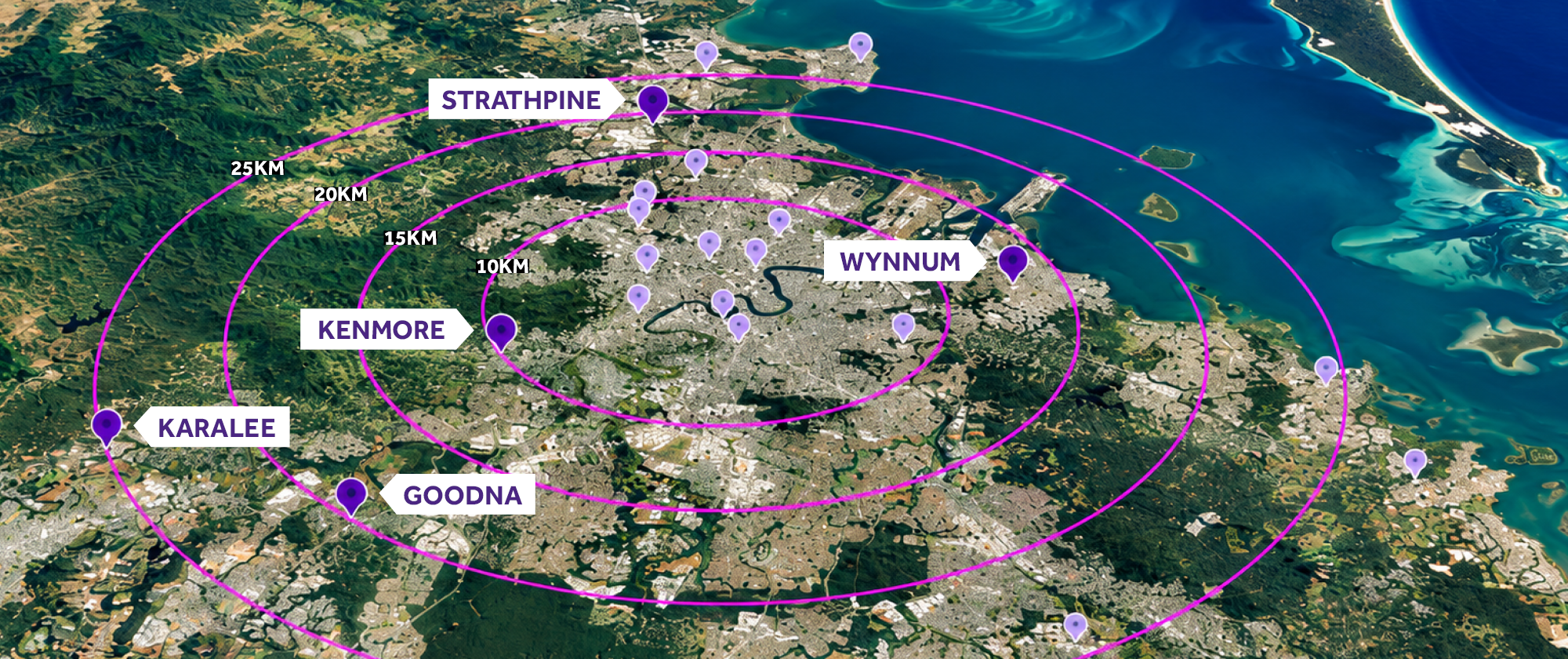 Map of greater Brisbane with 10&ndash;25 km distance rings, highlighting Strathpine, Wynnum, Kenmore, Karalee and Goodna.