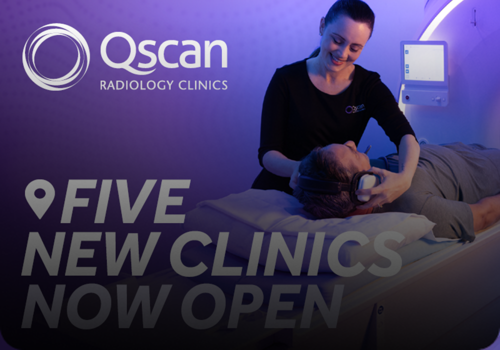 Technician placing headphones on patient's head for MRI scan with purple background and text "five new clinics now open"
