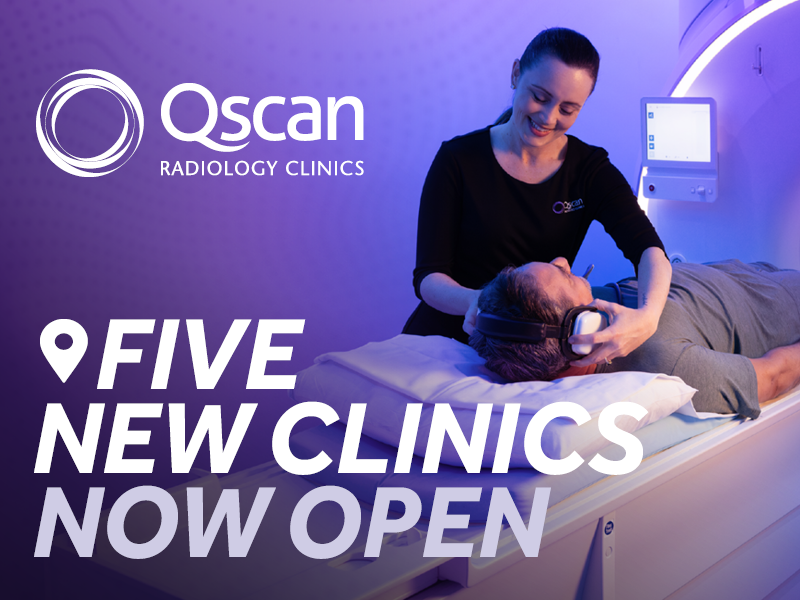 Technician placing headphones on patient's head for MRI scan with purple background and text "five new clinics now open"
